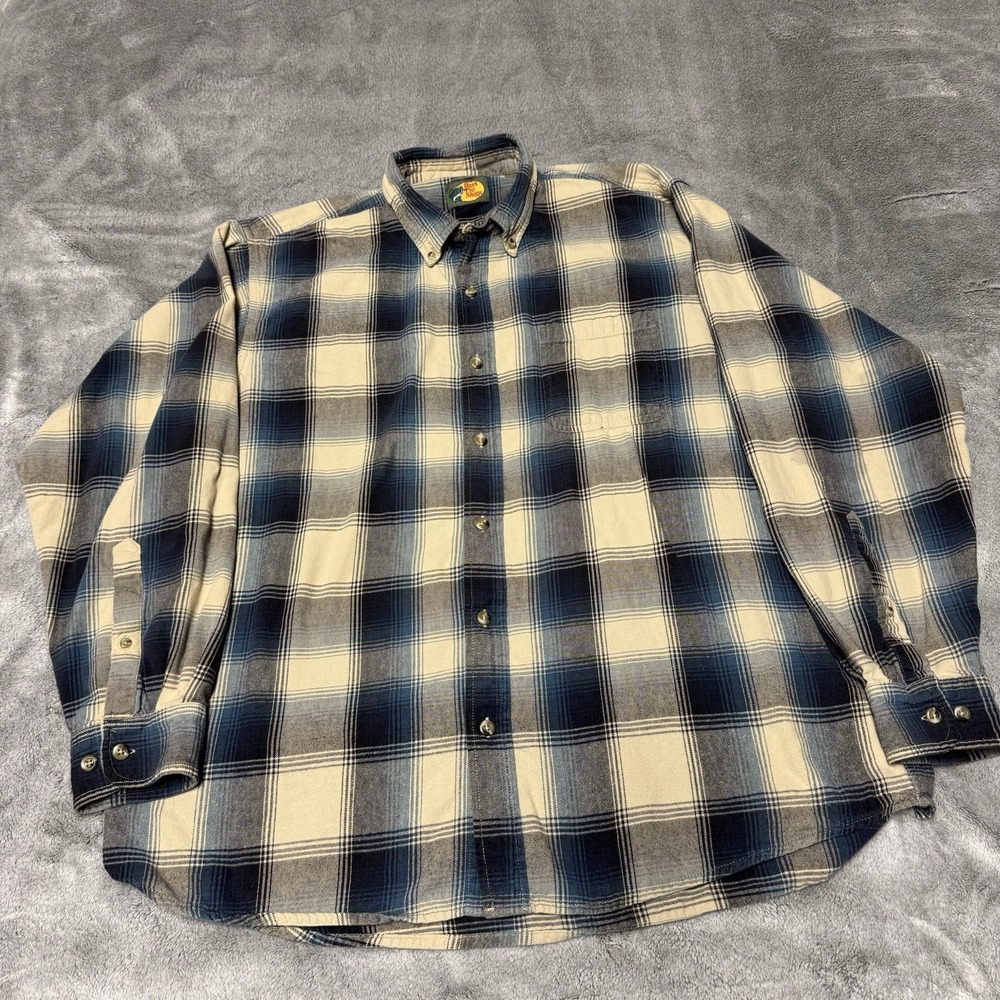 Bass Pro Shop Shirt Mens XL Blue Plaid Flannel Long Sleeve Collard Button Down